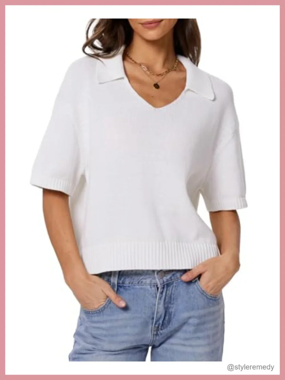 Women's Polo V-Neck Knit Top Short Sleeve Pullover Sweater Cotton Loose Fit